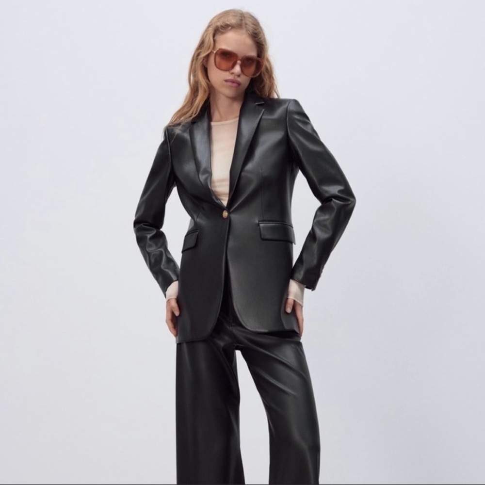 Zara Faux Black Oversized Leather Blazer with Gold Buttons